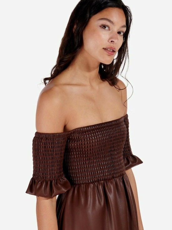 STAUD | Mae Off-The-Shoulder Vegan Leather Maxi Dress in Bark | Size XS - Picture 3 of 12